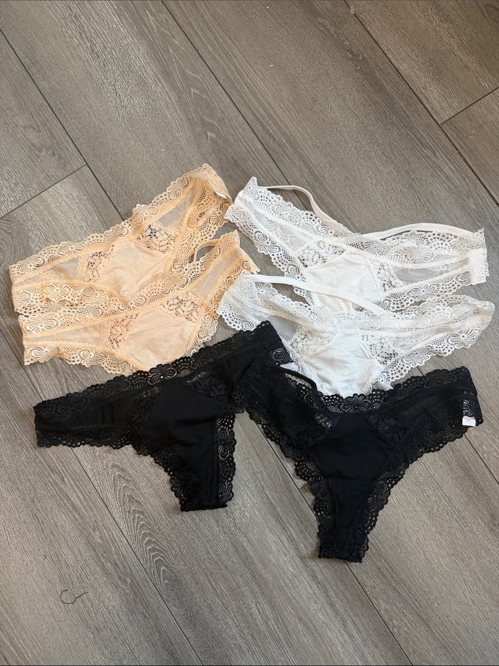 Women's Lace Thong Panty 6-Pack — Black, White & Beige